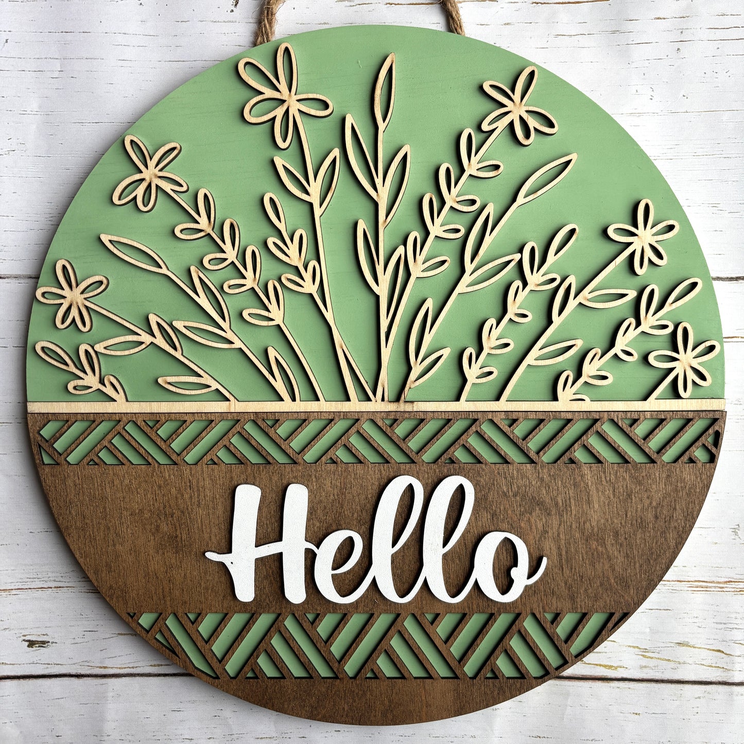 Green Floral Hello Door Hanger