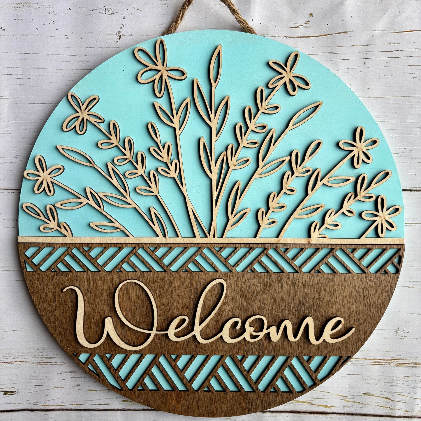 Light Blue Floral Welcome Door Hanger