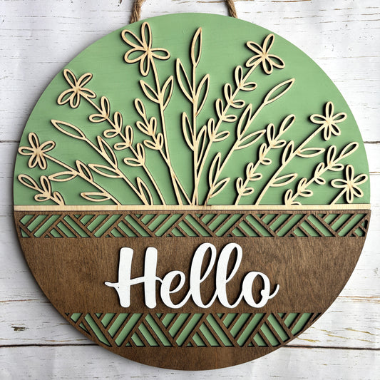 Green Floral Hello Door Hanger